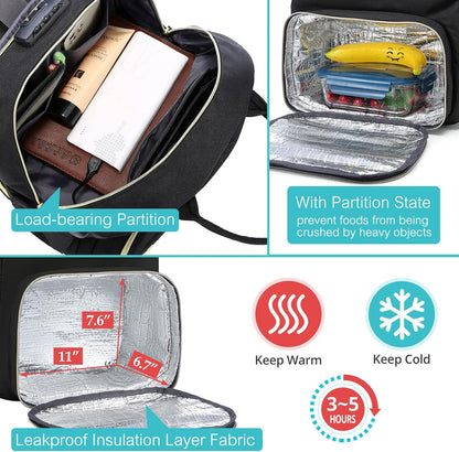 Lunch Backpack Insulated Cooler Backpack Laptop Backpack Lunch Box Bag Backpack Travel Backpack for Women Men, with Lock, Black