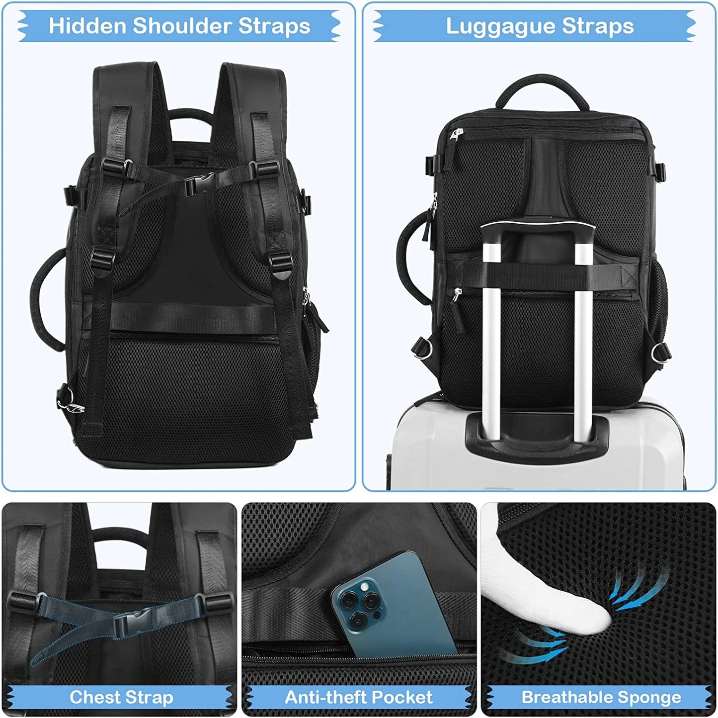 Extra Large Travel Backpack,Carry on Backpack,17 Inch Laptop Backpack,Hiking Backpack,School Bag,Black