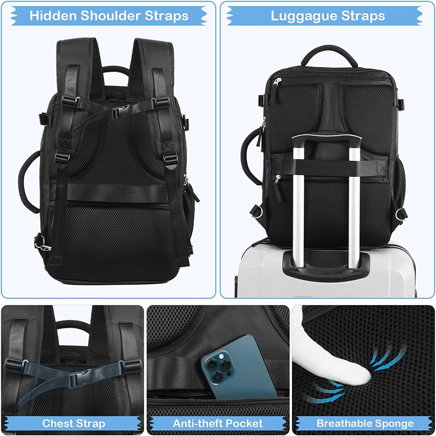 Extra Large Travel Backpack,Carry on Backpack,17 Inch Laptop Backpack,Hiking Backpack,School Bag,Black