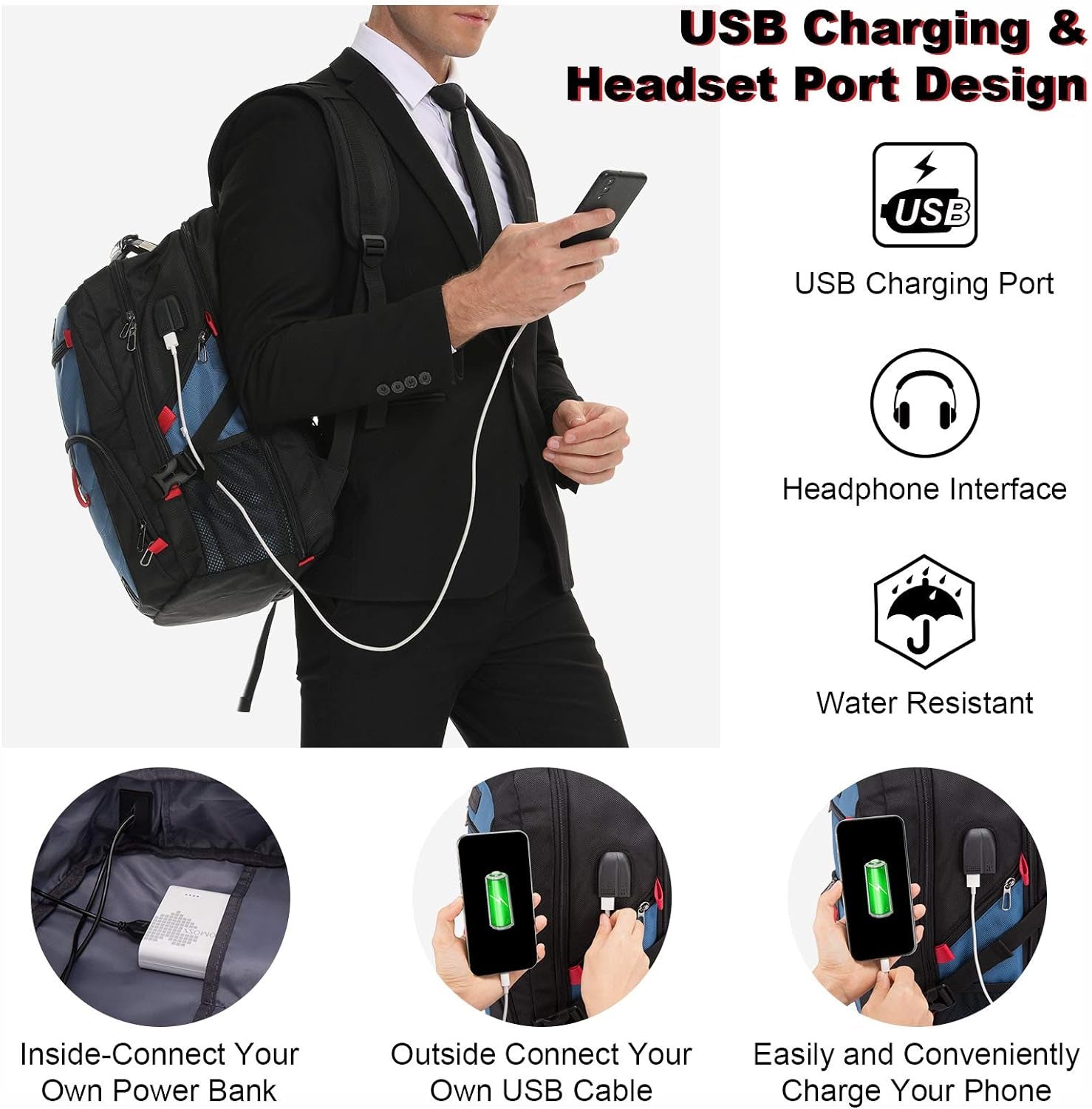 Travel Laptop Backpack Waterproof anti Theft Backpack with Lock and USB Charging Port Large 17-17.3 Inch Computer Business Backpack for Men Women Blue