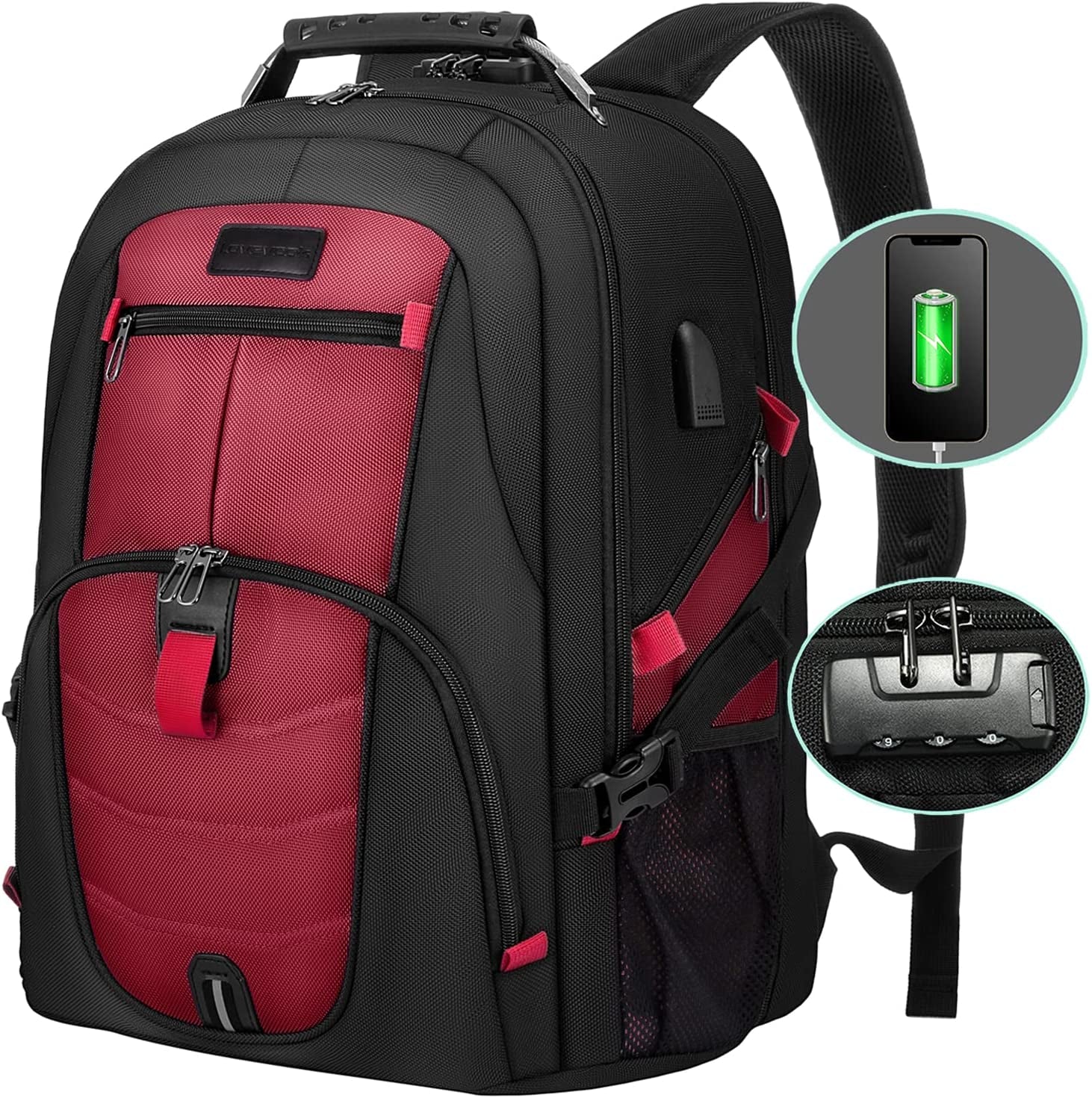 Travel Laptop Backpack Waterproof anti Theft Backpack with Lock and USB Charging Port Large 17-17.3 Inch Computer Business Backpack for Women Men Red