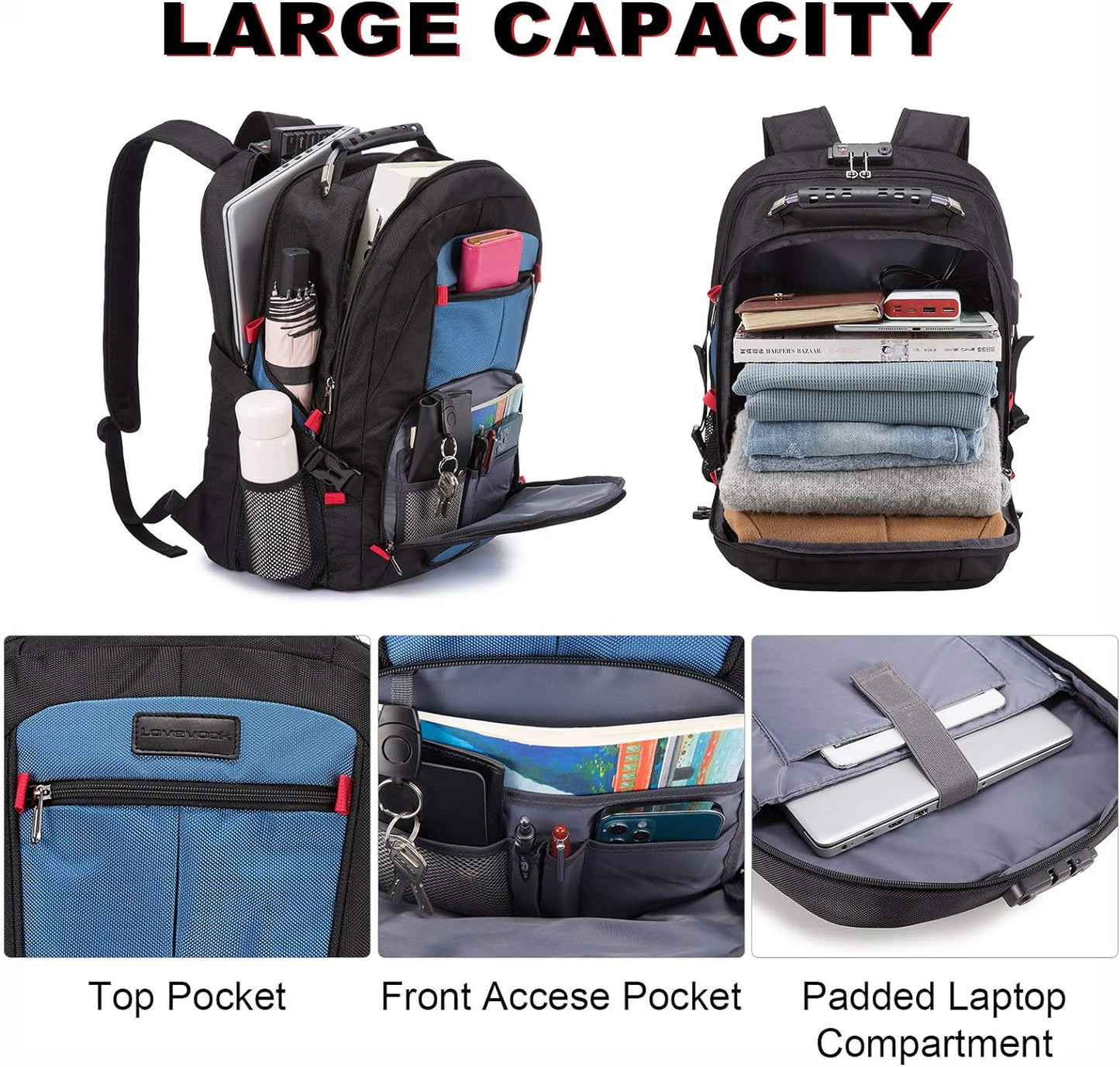 Travel Laptop Backpack Waterproof anti Theft Backpack with Lock and USB Charging Port Large 17-17.3 Inch Computer Business Backpack for Men Women Blue