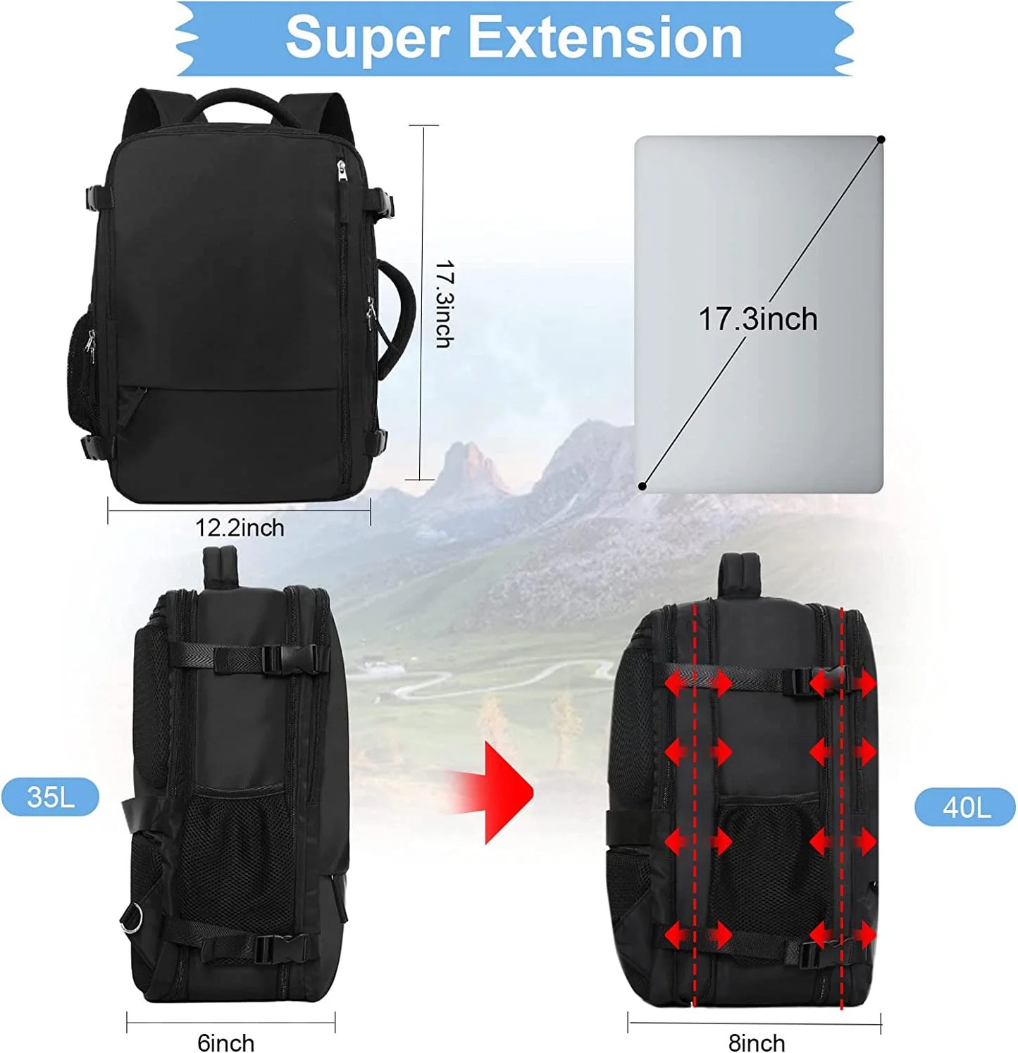 Extra Large Travel Backpack,Carry on Backpack,17 Inch Laptop Backpack,Hiking Backpack,School Bag,Black