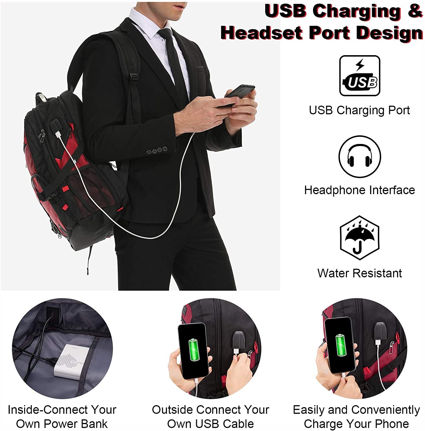 Travel Laptop Backpack Waterproof anti Theft Backpack with Lock and USB Charging Port Large 17-17.3 Inch Computer Business Backpack for Women Men Red