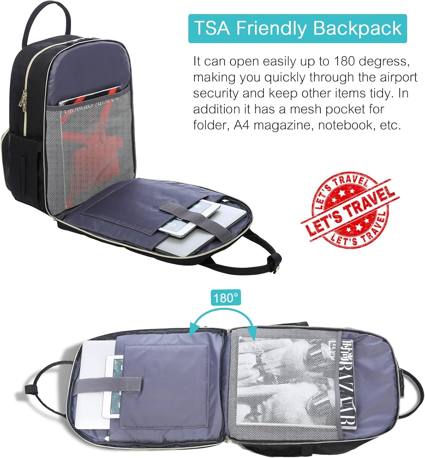 Lunch Backpack Insulated Cooler Backpack Laptop Backpack Lunch Box Bag Backpack Travel Backpack for Women Men, with Lock, Black