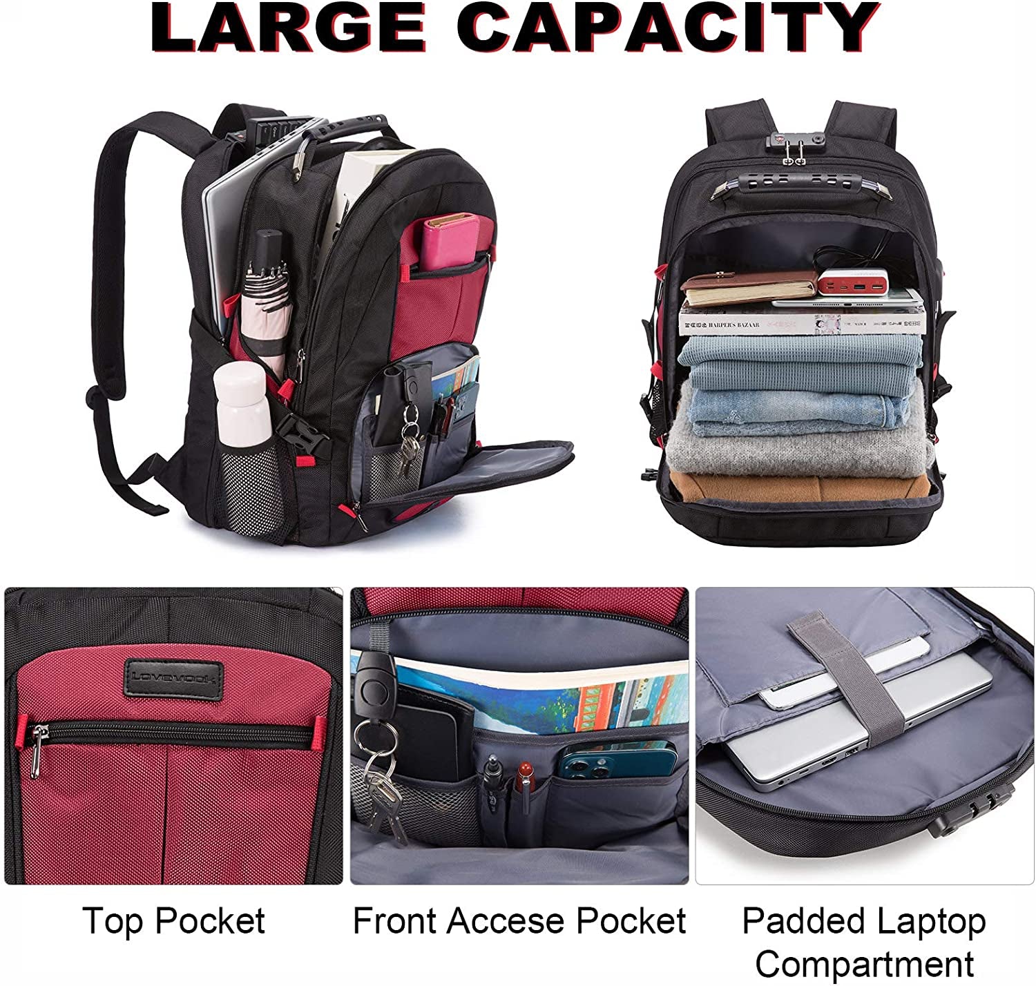 Travel Laptop Backpack Waterproof anti Theft Backpack with Lock and USB Charging Port Large 17-17.3 Inch Computer Business Backpack for Women Men Red